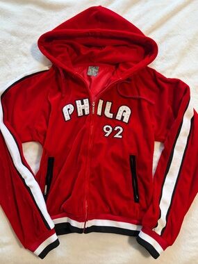 Source Unknown Red Hooded Zip Jacket with White & Black Stripe Trim